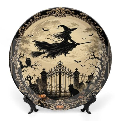 Witch Flying Over Graveyard Bone China Art Plate - 8 Inch Decorative Wall & Table Display Variation of This Listing