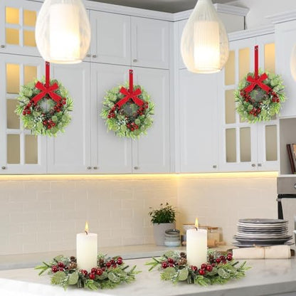 Christmas Candle Ring Set - 12 Mini Red Berry Pine Wreaths for Holiday Decor - Variation of Christmas / 12