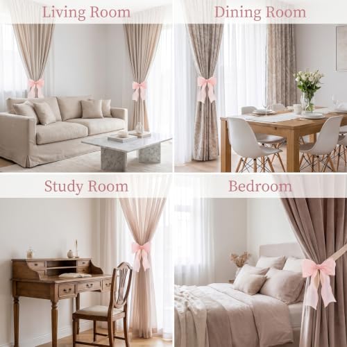 Pink Silky Bow Curtain Tiebacks with Lace - No Tools Needed, Set of 4