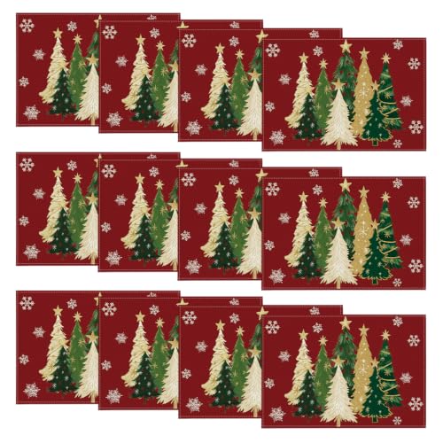 Christmas Placemats Set of 12 - Red Snowflakes & Trees, 12x18 Inches, Seasonal Table Decor