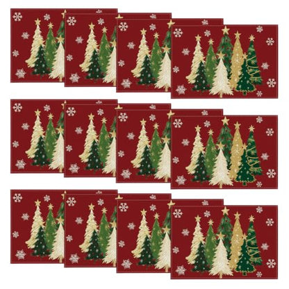 Christmas Placemats Set of 12 - Red Snowflakes & Trees, 12x18 Inches, Seasonal Table Decor
