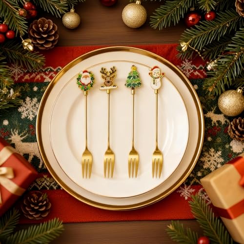 4 Pack Christmas Stainless Steel Forks Set - Gold 3-Tine Elegant Tableware for Holiday Dining