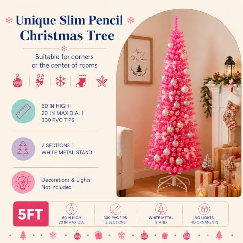Pink Unlit 5FT Artificial Pencil Christmas Tree for Small Spaces - Variation of Pink/5ft