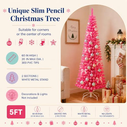 Pink Unlit 5FT Artificial Pencil Christmas Tree for Small Spaces - Variation of Pink/5ft