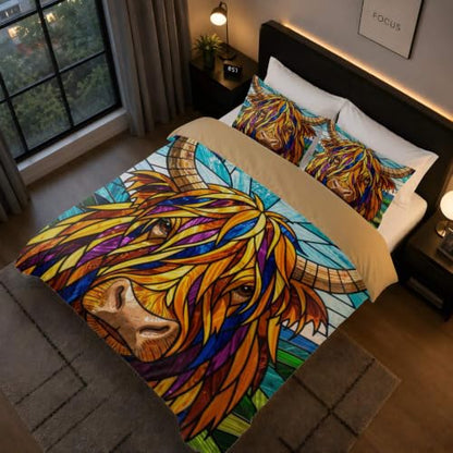 Highland Cow Floral Duvet Cover Set for Farmhouse Bedroom, 16 Queen 90x90in + 20x30in Pillowcases