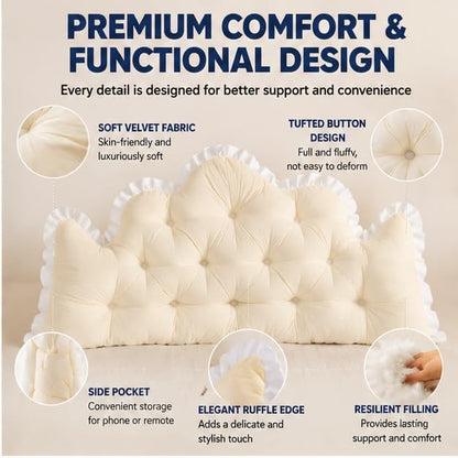 Twin XL Velvet Headboard Pillow with Crown Tufted Design and Ruffle Trim - Beige 39.37x21.65 in