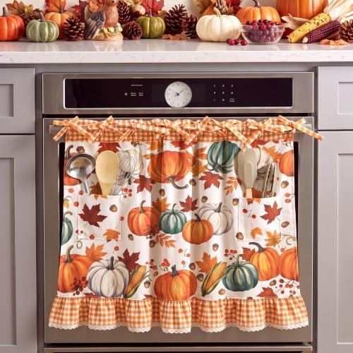 Thanksgiving Fall Oven Skirt Curtain with Pockets - Pumpkin Maple Leaf Variation