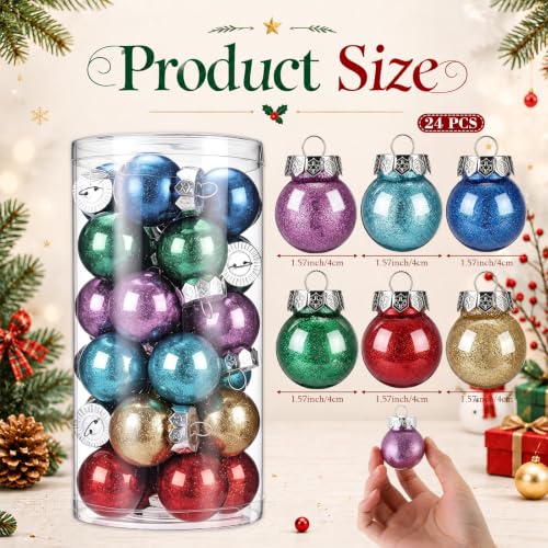 24PCS Multicolor Christmas Ball Ornaments 1.57 Inch Glitter Shatterproof