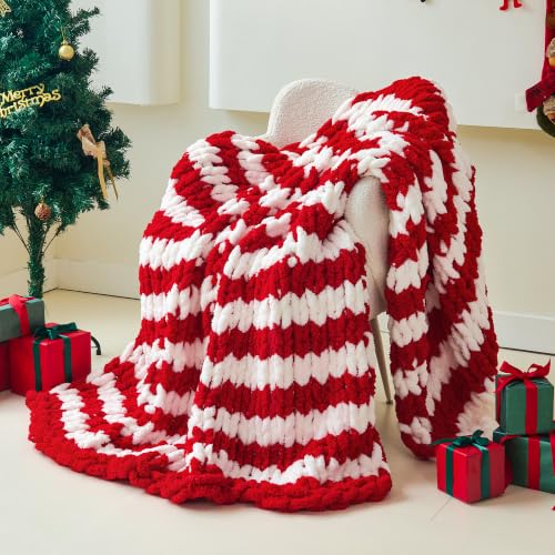 Christmas Red White Chunky Knit Blanket Throw 51x63 Inches for Couch