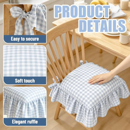 Farmhouse Blue Gingham Ruffle Chair Cushion Covers Set - 4 Pieces
