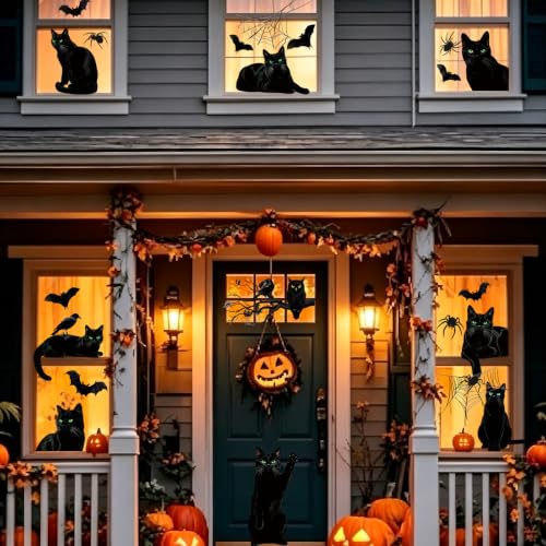 Large Black Cat Halloween Window Clings - 9 Sheets Spooky Decor for Glass Doors and Windows