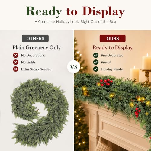 6FT Prelit Lush Cedar Artificial Christmas Garland Real Touch Faux Greenery