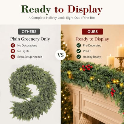 6FT Prelit Lush Cedar Artificial Christmas Garland Real Touch Faux Greenery