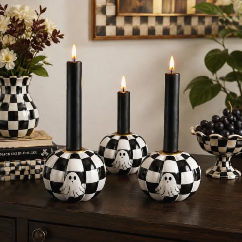 Halloween Black and White Checkerboard Candle Holders Set - Ghost & Pumpkin Design