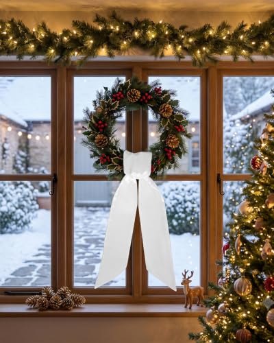 White Wreath Sash 4pcs - Embroidery Blank Satin Wreath Wrap for Front Door Decor