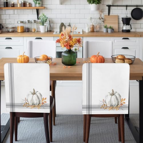 Set of 4 Fall Pumpkin Chair Covers - White & Grey Halloween & Thanksgiving Decor