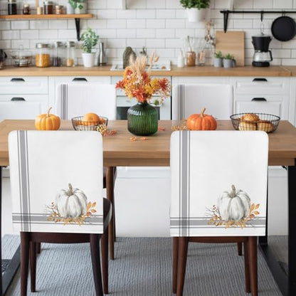 Set of 4 Fall Pumpkin Chair Covers - White & Grey Halloween & Thanksgiving Decor