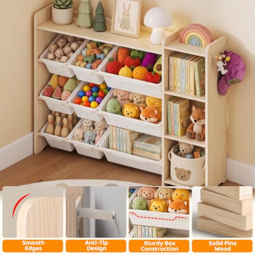 Kids Bookshelf & Toy Organizer - 3-Tier Wooden Storage with Bins, Natural Pine