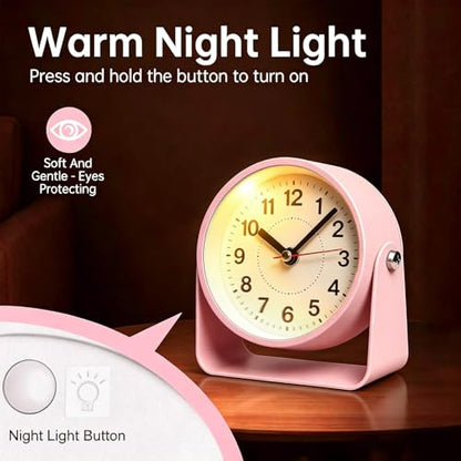 Pink 3.5-Inch Retro Analog Alarm Clock Silent Metal Table Desk Clock with Light