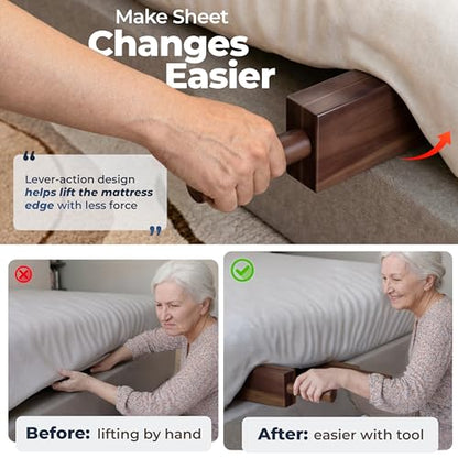 Walnut Solid Acacia Wood Sheet Tucker & Mattress Lifter Set for Bed Making