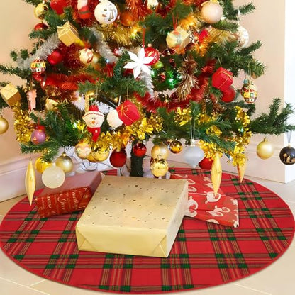 48 Inch Red Green Tartan Plaid Christmas Tree Skirt - Rustic Holiday Decor