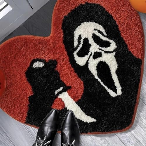Halloween Ghost Shaped Rug with Plush Tufted Surface and Non-Slip Backing - Irregular Size with Variation Skull Hearts
