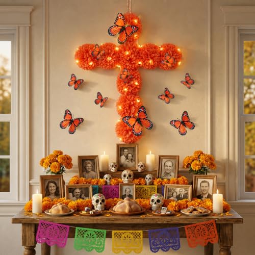 Day of the Dead Marigold Cross Decoration with Butterflies and String Lights