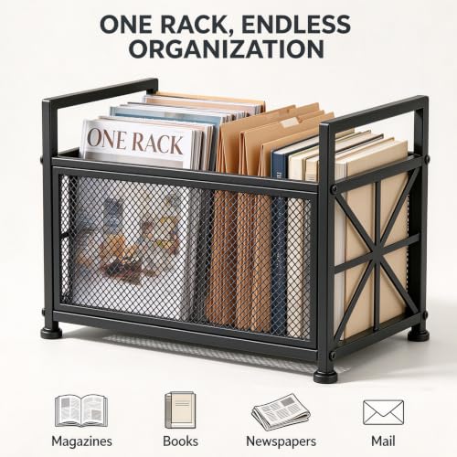Large Black Metal Magazine Holder - Floor Standing Mesh Storage Basket - Office & Home Organization - Variation: Metallic Black / Large