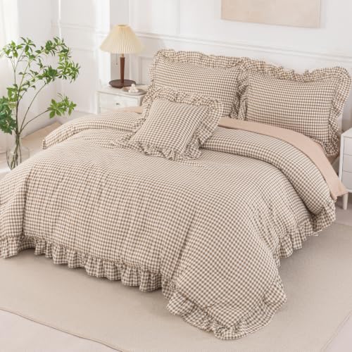 Gingham Twin Comforter Set with Sheets for Girls - 6 Pieces, Tan Ruffle Bedding