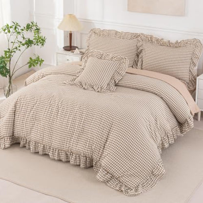 Gingham Twin Comforter Set with Sheets for Girls - 6 Pieces, Tan Ruffle Bedding