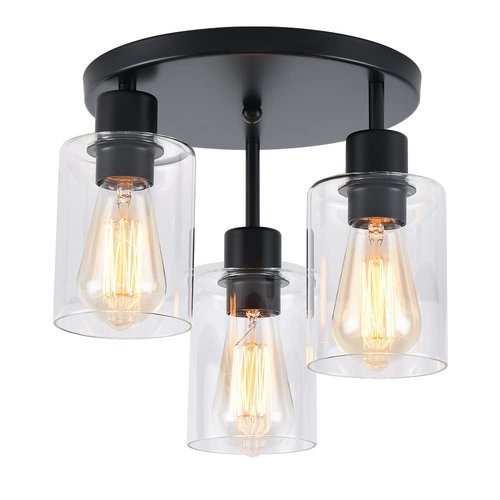 IHENGYANLT 3-Light Industrial Farmhouse Black Matte Light Fixtures Ceiling Mount, with Clear Glass Shades Semi Flush Mount Ceiling Light, for Hallway Fixtures Kitchen, Foyer