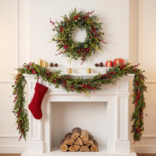 Christmas Wreaths - 24 Inch Artificial Holiday Front Door Decor with Eucalyptus & Berries - Handmade, Reusable, Outdoor Wall Farmhouse Xmas Decoration