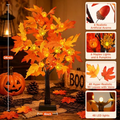 18-Inch Lighted Fall Tree with 48 LEDs, Pumpkins & Maple Leaves - Battery & USB Operated