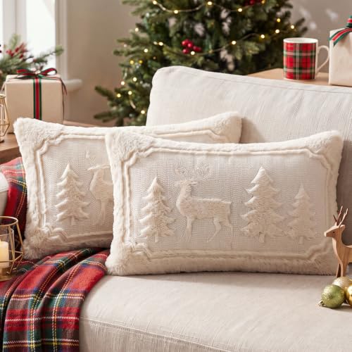 Christmas Tree Deer Lumbar Pillow Covers Set 12x20 Inch - Holiday Decor