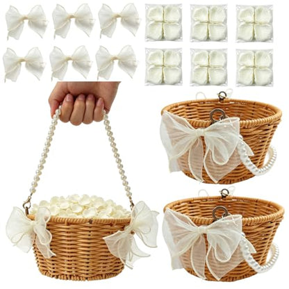 Wedding Flower Girl Basket Set with Pearl Handle & Petals, Rustic Rattan