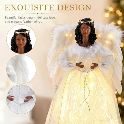Black Angel Christmas Tree Topper with White Wings - Elegant 12.2 Inch Decor - White / Elegant