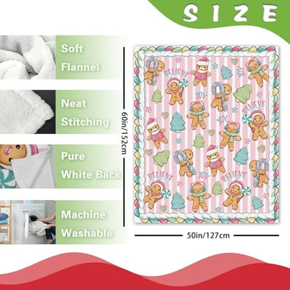 Christmas Gingerbread Man Flannel Blanket - Pink Xmas Tree Stripes, 50 x 60