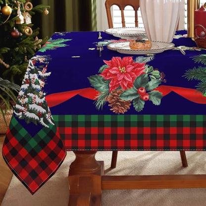 Blue Christmas Tablecloth 60x140 Inch Rectangular Poinsettia Plaid Washable Spillproof