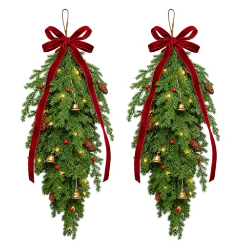 Lighted Christmas Teardrop Swag Set with Norfolk Pine Look - 2-Pack