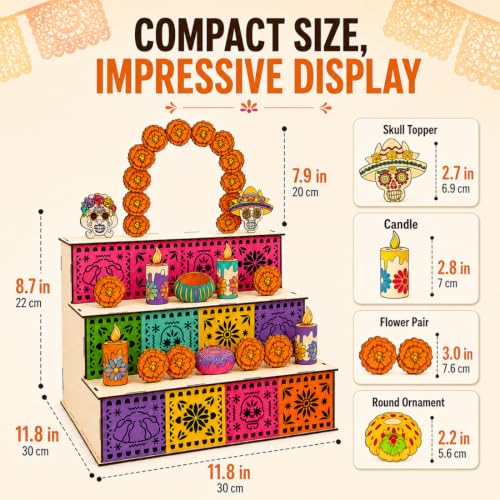 Day of the Dead Wooden Altar Display Set - Mexican Ofrenda Decoration, Orange Variation