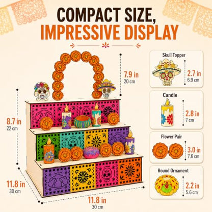 Day of the Dead Wooden Altar Display Set - Mexican Ofrenda Decoration, Orange Variation