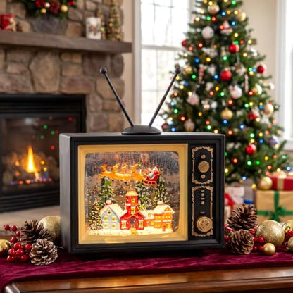 Christmas Snow Globe TV Lantern with Music & Light, 9-Inch Santa & Reindeer Scene