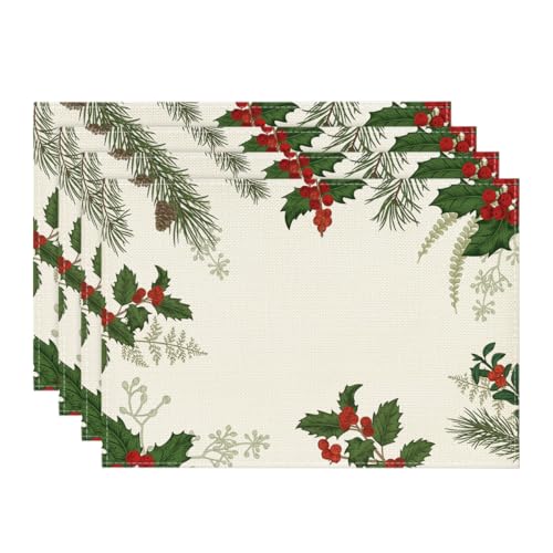 Christmas Holly Pine Cone Placemats Set of 4 - 12x18 Inch Seasonal Table Mats