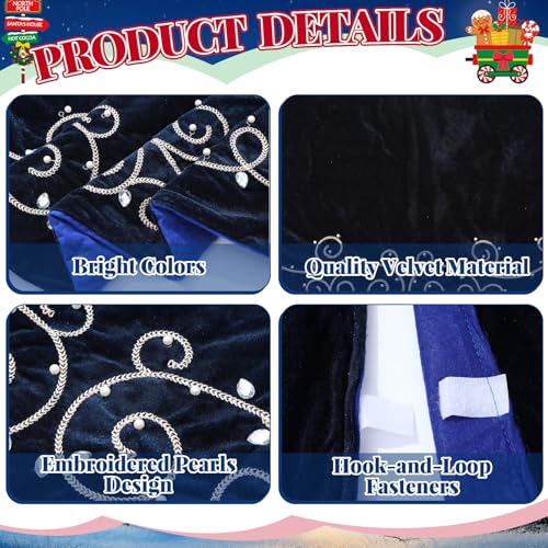Navy Blue 36-Inch Velvet Christmas Tree Skirt with Gold Embroidered Pearls and Crystals