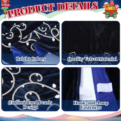 Navy Blue 36-Inch Velvet Christmas Tree Skirt with Gold Embroidered Pearls and Crystals