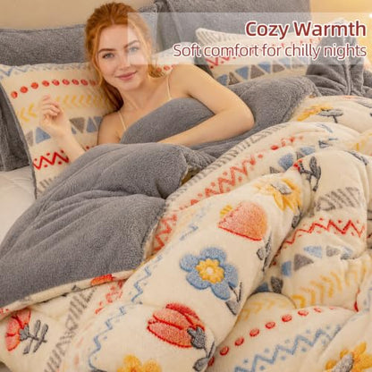 Queen Boho Floral Plush Comforter - Warm & Fluffy Winter Bedding