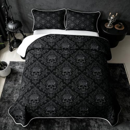 Ash & Ink Black Skull Pattern Quilt Set King Size Kids & Adults Bedding