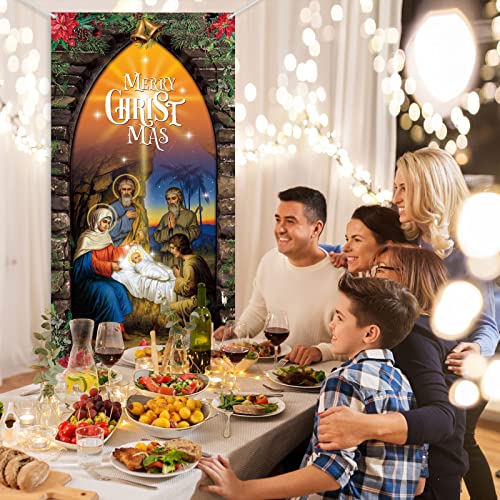 Religious Christmas Nativity Door Cover - Holy Scene for Holiday Decor 70x35 Inches