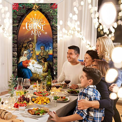 Religious Christmas Nativity Door Cover - Holy Scene for Holiday Decor 70x35 Inches