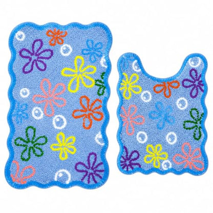 Cartoon Bubble Bath Rug Set Non-Slip Floral Bathroom Mat - Blue
